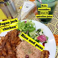 Vegan jerk chicken, rice and peas and plantain; Joy’s green special; cheezecake   at Vegan Flavours in South East London