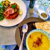 Mexican beans and guacamole on sourdough with sweetcorn salsa (top) and pear, parsnip and leek soup at The Fig in Rye