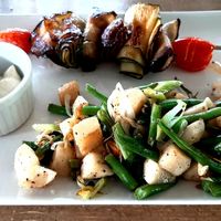 Grilled vegetable pantry with rutabaga/green beans 'stir fry'.  at Berlinka Cafe in Bratislava