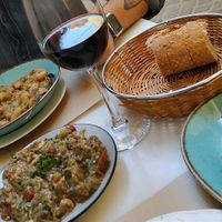 Smashed eggplant, giant beans and tomato fried at Tamam in Crete