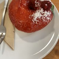 Raspberry donut  at Vegan Food & Sweet Bar in Brno
