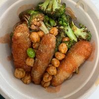 Small bowl. Buffalo vegan tenders, sweet potato noodles, broccoli, and chickpeas. So small…was hungry afterwards tbh at Vale Food in Gainesville