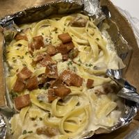 Carbonara with bacon at Something Vegan in Toluca Lake