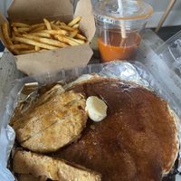 Pancake dish, regular fries and Thai tea  at Something Vegan in Toluca Lake