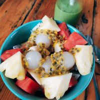 Delicious fruit bowl (no yoghurt) - apple, watermelon, longan, pineapple, passionfruit. at Chookie's Beer Garden in Ninh Binh