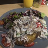 mushroom jacket potato (vegan) at Fabrik Food Factory in Brno