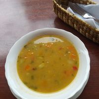 Example of daily almuerzo - first course: vegetable soup at Carmita's Pancake House Restaurant in Montanita