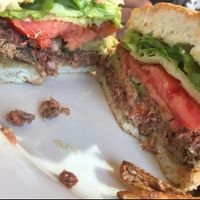 My hubby's Impossible Burger cooked medium rare at Skopelos in Pensacola