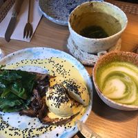 Matcha latte with no egg Benedict  at My Mother's Daughters  in Lisbon