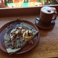 Vegan crepe with chai tea and almond milk at Creperia La Boheme in Cusco