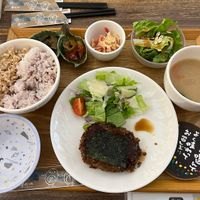 Soy patty hamburger steak teriyaki sauce.  #Veganuary at Medaka Natural Kitchen  in Osaka
