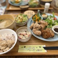 Soy meat and seitan cutlet set meal with a beautiful miso soupp  at Medaka Natural Kitchen  in Osaka