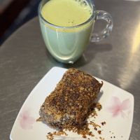 Soy matcha latte and apple crumble bar  at Narrow Espresso in Halifax