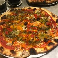No 12 Chestnut Mushrooms, Peppers, Black Olives, Vegan Pesto, Toasted Seeds, Vegan Cheese - yum, yum at Luben's Pizza in Folkestone
