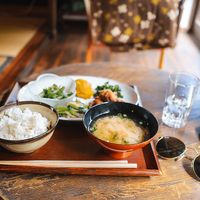 The simple and tasty vegan meal option. (Excuse the out of focus food!) at Cafe 101 in Teshima