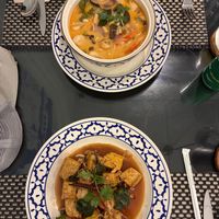 Top Tom Yum Mixed Shrimp and Mushroom combo. Bottom Golden Tofu Tamarind Sauce  at Away Chiang Mai Thapae Resort in Chiang Mai