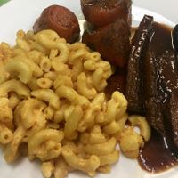 BBQ over Soy Earth Protein, Sweet Potatos, Mac & Cheese at Vegan International Co in Tampa
