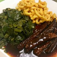 BBQ over Soy Earth Protein, Collards, Mac & Cheese at Vegan International Co in Tampa