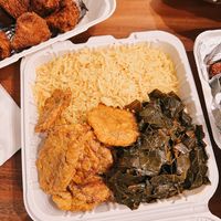 Plantains , saffron rice and greens   at Vegan International Co in Tampa