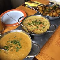 Vegan taste platter with dhal, veggies with coconut cream, roasted potatoes   at La Bamboo in Stuttgart
