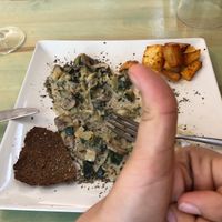 Lunch menu -9 €-  gazpacho, Buddha bowl ( salat), boletus scrambled ( mashoom, patato, zukini), dessert chess cake !!! at Amaranta Biobar in Valencia