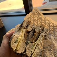 Vegan egg and sausage bagel at Rise Bagel Co. in Minneapolis