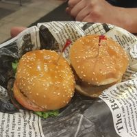 Potato burger and Peanut crusted black bean burger! at Vegorama in Ypsilanti