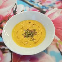 raw vegan ginger carrot soup with sprouts at bistRAWveg - Cerny Most Shopping Centre in Prague