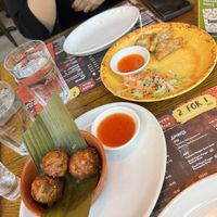 Sweetcorn fritter balls & crispy vegan gyoza (should be 4 of each, already had eaten one of each in the photo!)  at Banana Tree in Oxford