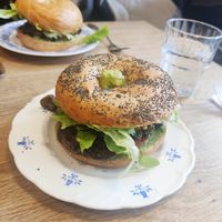 'The Hattie'. Avocado and aubergine bagel with lettuce and tomato at Sanseveria Bagelsalon in Bruges