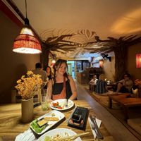 Mains: Pad Thai + spicy noodles with tofu. Sides: gyoza + must-have home made tempeh with the tastiest dipping sauce!  at Ethos in Bangkok