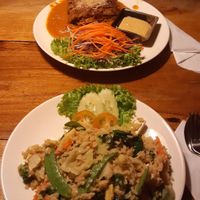 Lasagne & rice with green curry at Ethos in Bangkok