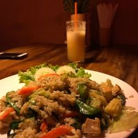 Fried rice and green curry with vegetables and tofu at Ethos in Bangkok