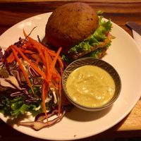 Tempeh burger 200 bhat  at Ethos in Bangkok