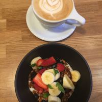 coconut yogurt bowl and lavender latte made with almond milk at Parakeet Cafe in La Jolla