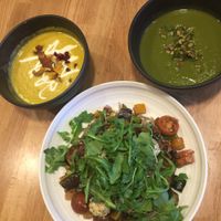 kobocha squash soup, vegan bowl and green soup at Parakeet Cafe in La Jolla