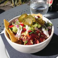 Small portion of bbq jackfruit nachos at Joro Vegan Eatery in Birkenhead