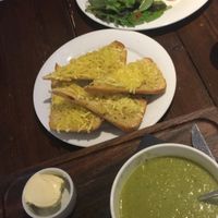 pea and pesto soup, cheesy garlic bread and jackfruit bagel at Joro Vegan Eatery in Birkenhead