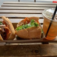 Vegan cheesy "chicken" banh mi and peach iced tea at Le Vietnam Cafe in Perth