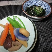 Shiitake, lotus root, sugar snaps, daikon, konjac, wakame, bamboo, water chestnut, truffle potatoe, with seaweed side dish, Amatsu, Ghent at Amatsu in Ghent