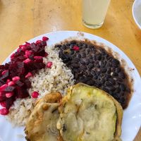 Rice, beetroot and corn salad, beans and fried Zucchini at Ananda - Calle Hermano Miguel in Cuenca