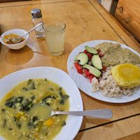 Veggie soup, lentils, salad, rice and potato patty at Ananda - Calle Hermano Miguel in Cuenca