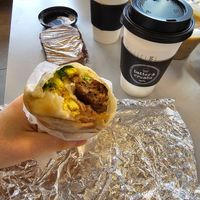 Gluten free breakfast burrito, pumpkin bread, pumpkin spice latte, and banana bread latte. at Batter & Crumbs in Philadelphia