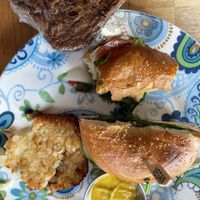 Vegan chocolate chip cookie, Veggie Tale Bagel-wich, hash brown   at Way Cup Cafe in Holland