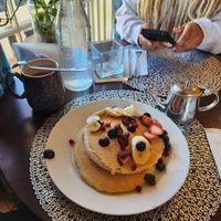 Vegan classic pancakes with coconut hot chocolate. at The Red Dot Kitchen in Wurtsboro
