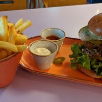 Hot Chirpy Burger + fries at DoppleGanger in Cambridge