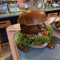 sriracha fake chickn burger  at DoppleGanger in Cambridge