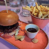 Korean BBQ burger and fries at DoppleGanger in Cambridge