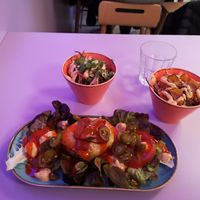 Bunless spicy burger with loads of salad, lucky slaw and mushroom balls at the new place. Awesome food. at DoppleGanger in Cambridge