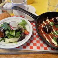 the plant-based shakshuka (falafel instead of eggs), the bread can be chosen from a wide variety at  Cafe Landwer in Vaughan
